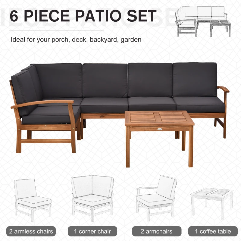 Outsunny 6 Piece L Shape Garden Sofa Set Solid Acacia Wood Garden Furniture Set with a Coffee Table for Yard and Bistro, Grey