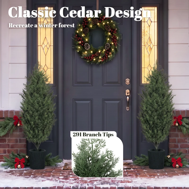 HOMCOM 4ft Artificial Christmas Tree Set of 2, UV Resistant Faux Cedar Tree with 291 PE Branch Tips and Pot, Green