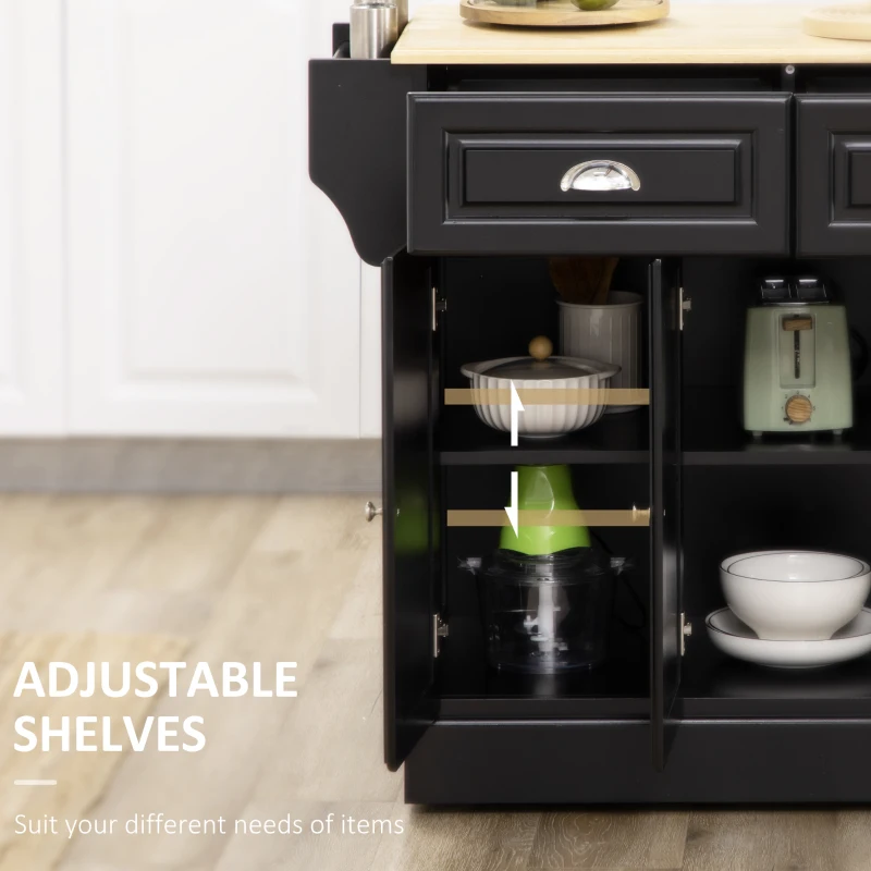 HOMCOM Kitchen Island with Storage Rolling Kitchen Serving Cart with Rubber Wood Top Towel Rack Storage Drawer Cabinet, Black