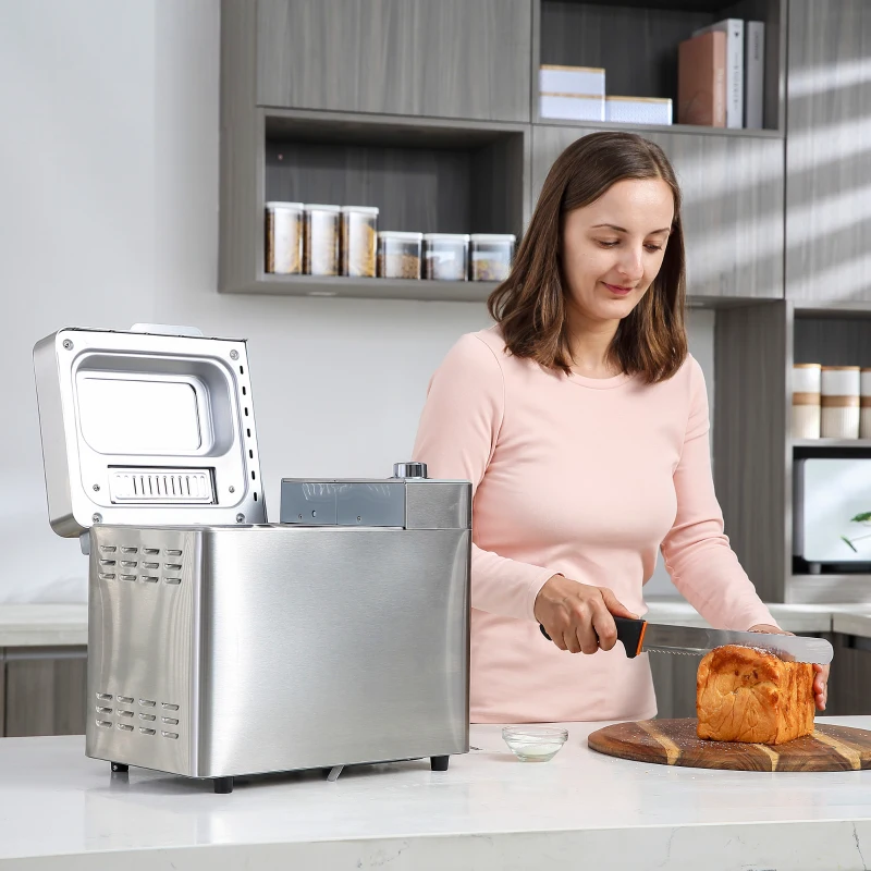 HOMCOM 2LB Bread Maker, Stainless Steel Bread Machine with 25 Programmable Settings, 3 Shade Crust Options, LCD Display, Gluten Free, Silver
