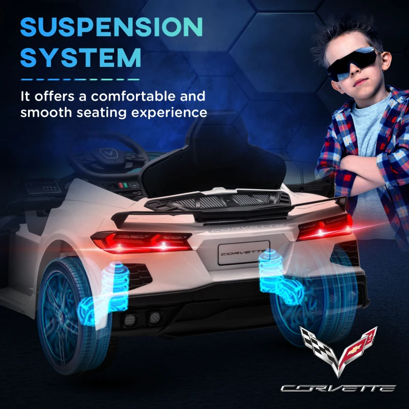 Qaba Chevrolet Corvette Licensed 12V Kids Electric Car with Parental Remote Control, Suspension System, Slow Start, White