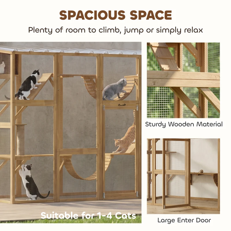 PawHut Catio Playground Cat Window Box Outside Enclosure for Multiple Cats w/ Shelves & Bridges, Yellow