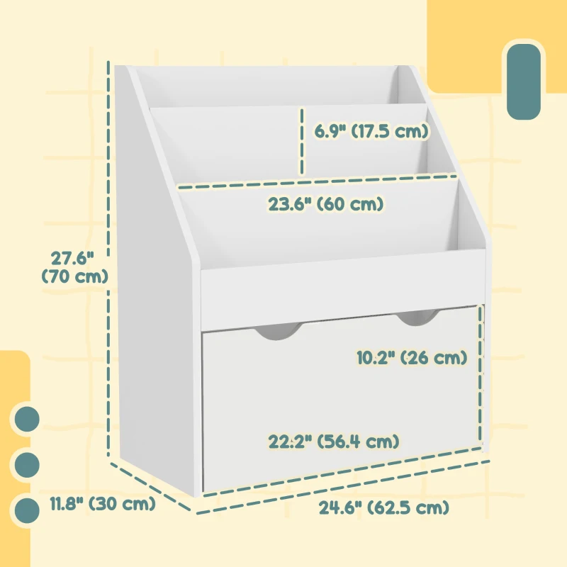 Qaba Kids Bookshelf with 3 Tier Display Shelves, Drawer for Nursery, White