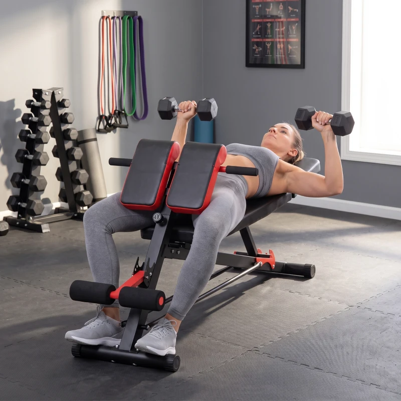 Soozier Adjustable Hyper Extension Dumbbell Weight Bench, Foam Leg Holders, Exercise Abs, Arms, Core, Strength Workout Station for Home Gym, Red