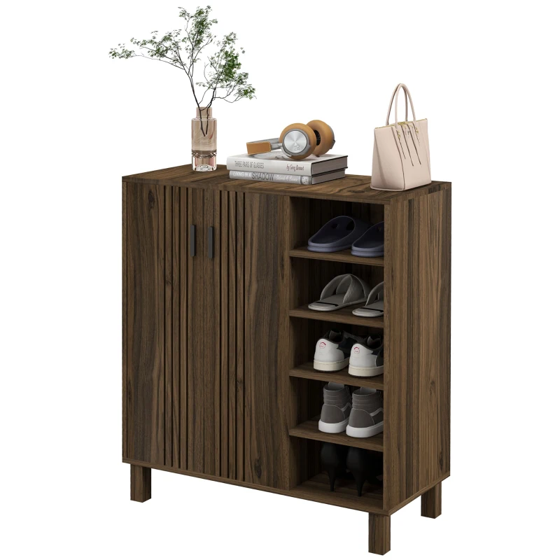 HOMCOM Shoe Storage with Double Doors and Open Shelves 17 Pair Shoe Storage Organizer for Entryway Hallway Walnut