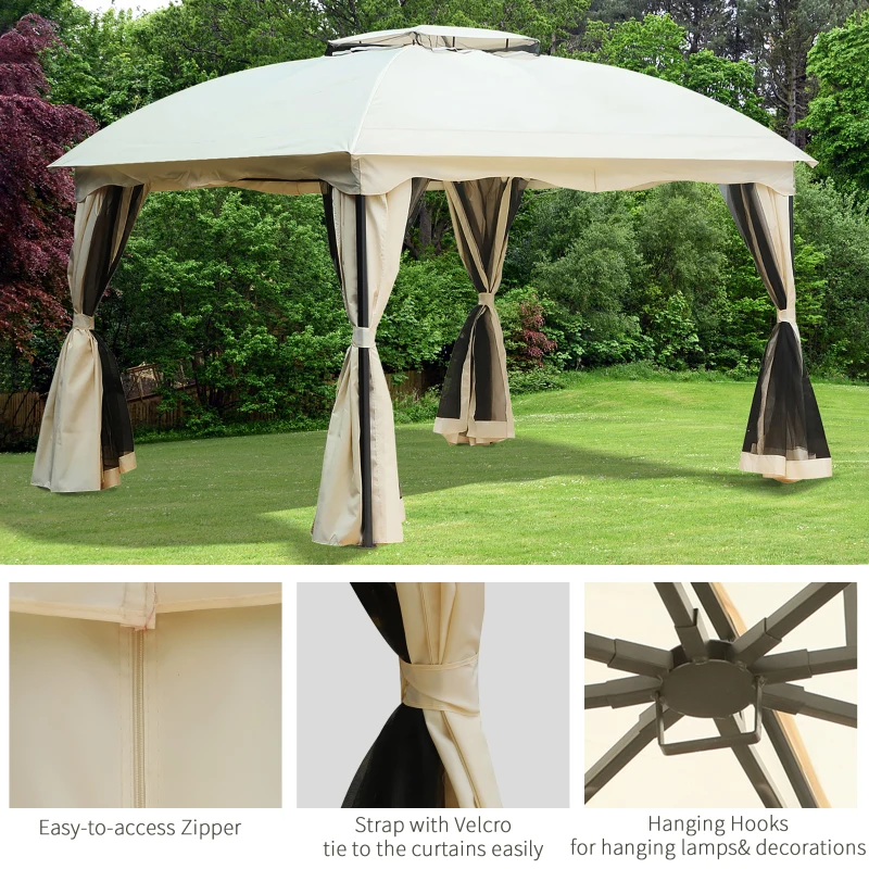 Outsunny 10x12ft Patio Gazebo Garden Pavilion Outdoor Canopy Tent Sun Shade 2 Tier Roof Hook w/ Curtain and Netting Steel Frame