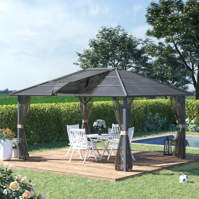Outsunny 12' x 14' Hardtop Gazebo Canopy with Polycarbonate Roof, Aluminum Frame, Permanent Pavilion Outdoor Gazebo with Netting, for Patio, Garden, Backyard, Deck, Lawn, Gray, Brown