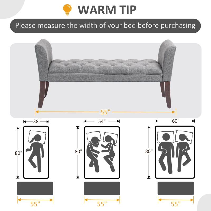 HOMCOM Upholstered Bedroom Entryway Bench with Button Tufted Design, End of Bed Bench with Arms and Solid Wood Legs, Dark Gray