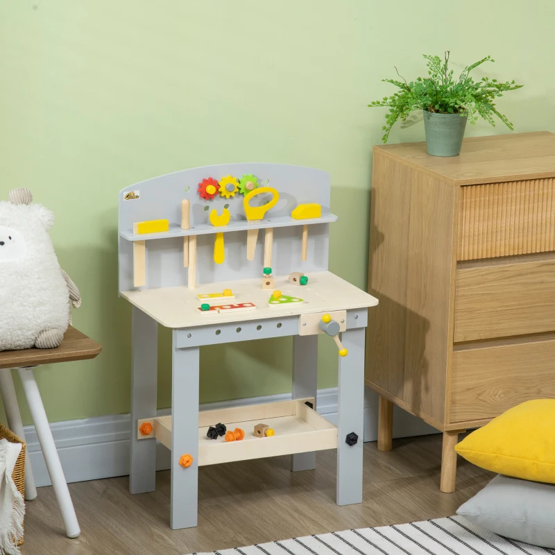 Qaba Wooden Kids Tool Bench with 31 Piece Kids Tool Kit, Workbench Playset, Construction Work Shop Toy for Girls and Boys Ages 3-6 with Storage Shelf