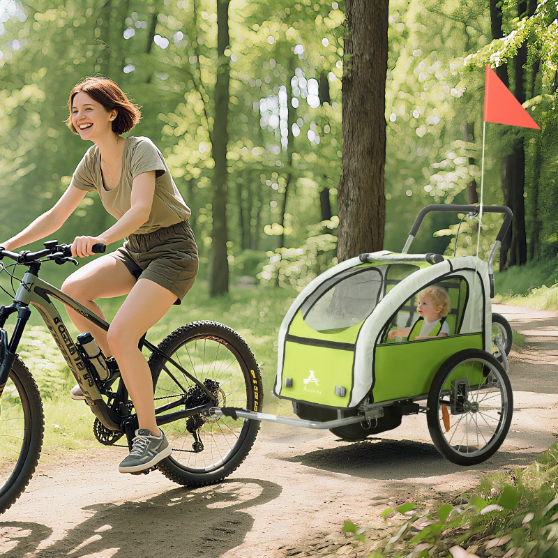 Aosom 2-Seat Elite 360 Swivel Bike Trailer for Kids Bicycle Cargo Trailer with Water-Resistant Windows, Green and White