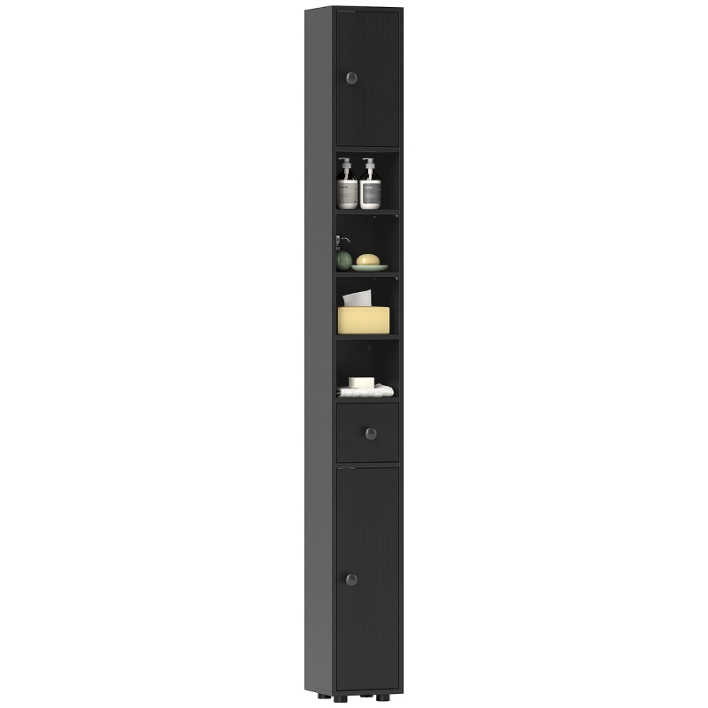 kleankin 71" Tall Bathroom Cabinet, Narrow Toilet Paper Cabinet with Open Shelves, 2 Door Cabinets, Adjustable Shelves, Black
