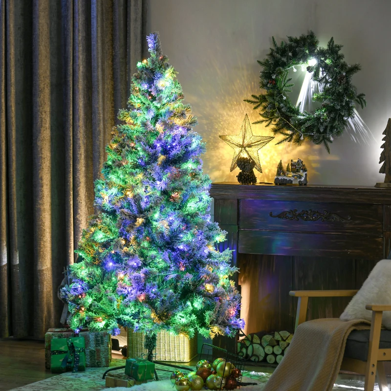 HOMCOM 6' Artificial Snow Christmas Trees with Frosted Branches, Warm White or Colorful LED Lights, Steel Base