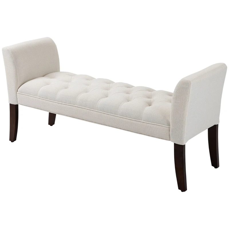 HOMCOM Upholstered Bedroom Bench with Button Tufted Design, End of Bed Bench with Arms and Solid Wood Legs, Cream White