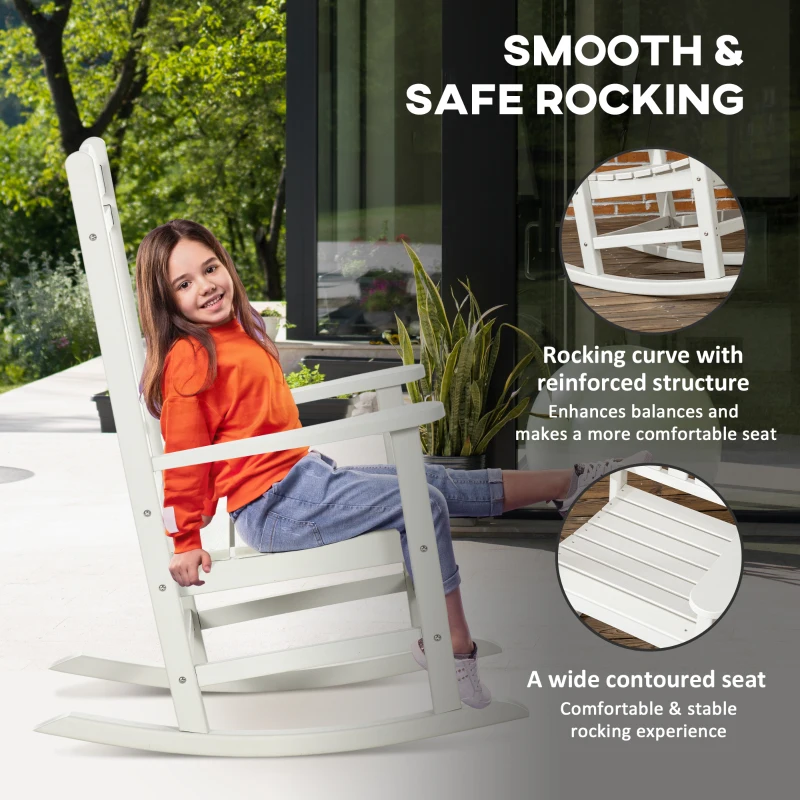 Outsunny Outdoor Rocking Chair, All Weather-Resistant HDPE Rocking Patio Chairs with Rustic High Back, Armrests, Oversized Seat and Slatted Backrest, 350lbs Weight Capacity, White