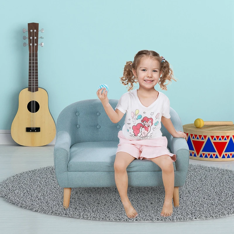 Qaba 2-Seat Kids Sofa, Toddler Sofa Couch, Linen-Like Fabric & Wood Frame Sofa Chair for Ages 3-7, 11" High Seat, Blue