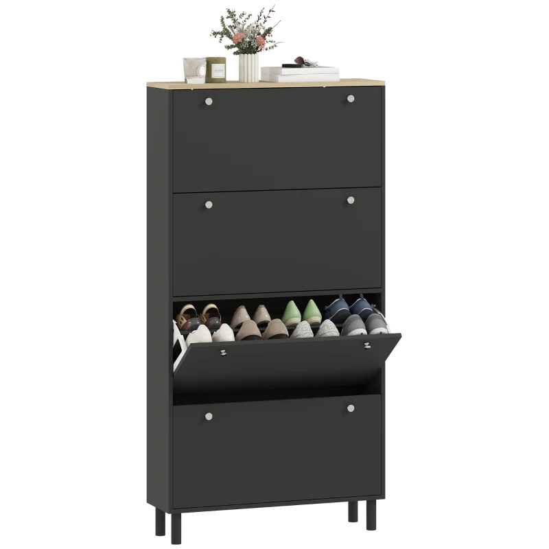 HOMCOM Narrow Shoe Cabinet with 4 Flip Drawers, Shoe Storage Cabinet with Adjustable Shelves, Holds 24–32 Pairs, Black