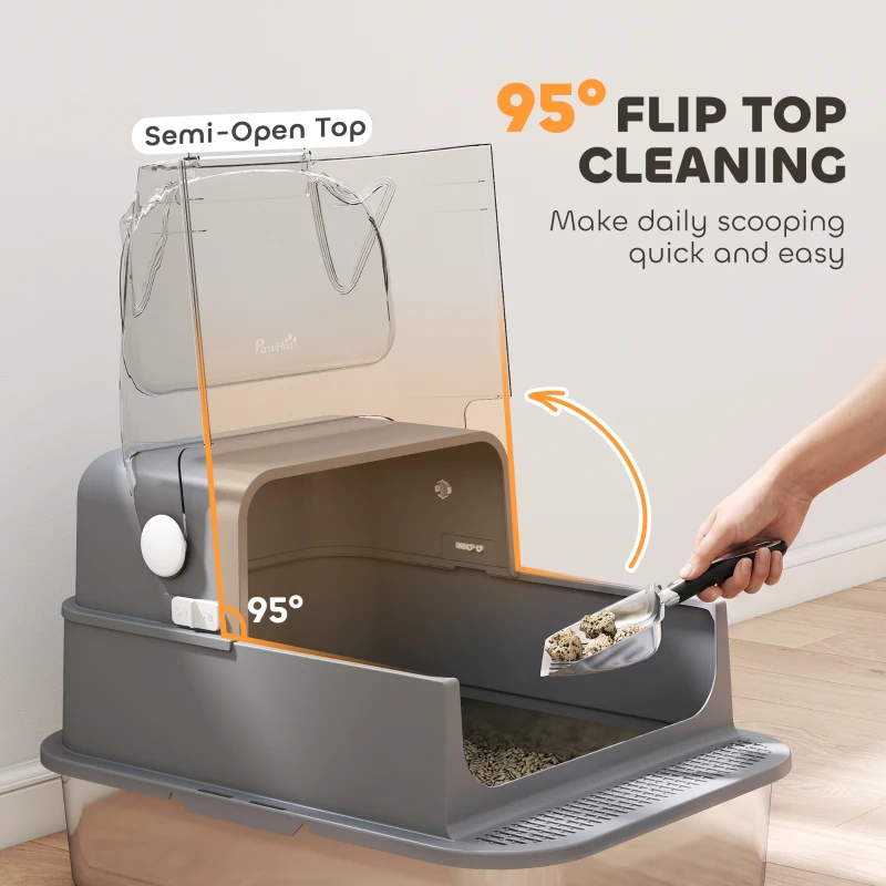PawHut Stainless Steel Cat Litter Box with Flip Lid, XXL Enclosed Litter Box, High Sided, Step, Metal Scoop, 2 Deodorizing Bags