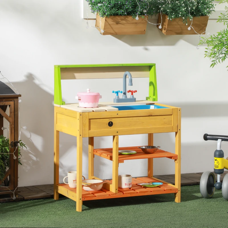 Outsunny Mud Kitchen for Kids Outdoor Kitchen Playset w/ Realistic Kitchen Toys, Faucet Sink Storage Shelves for Ages 3-8 Years
