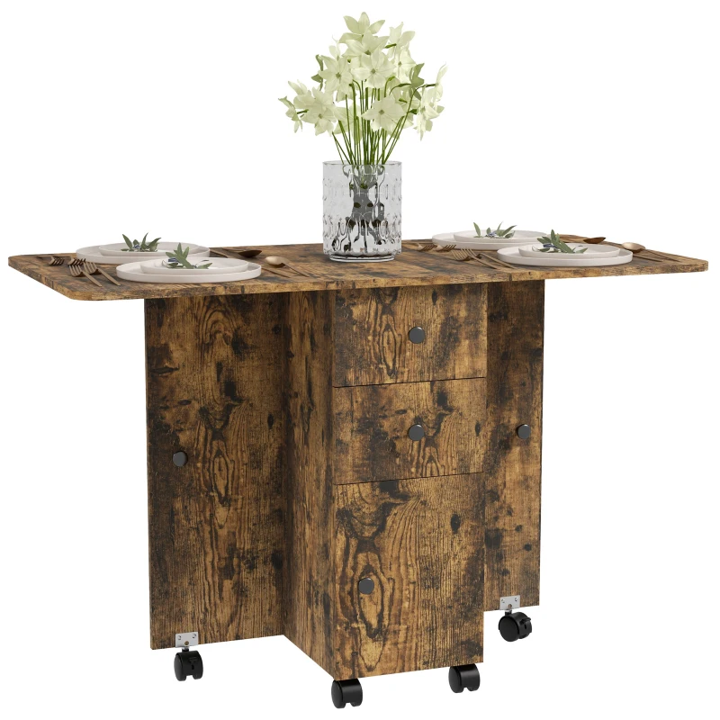 HOMCOM Drop Leaf Dining Table, Mobile Folding Table on Wheels with Drawers and Cabinet for Dining Room, Kitchen, Rustic Brown