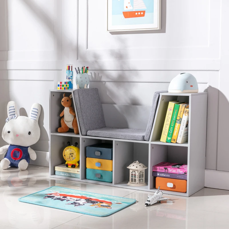 HOMCOM 6-Cubby Kids Bookcase with Reading Nook and Cushion, Multi-Purpose Storage Organizer for Bedroom, Living Room, Grey
