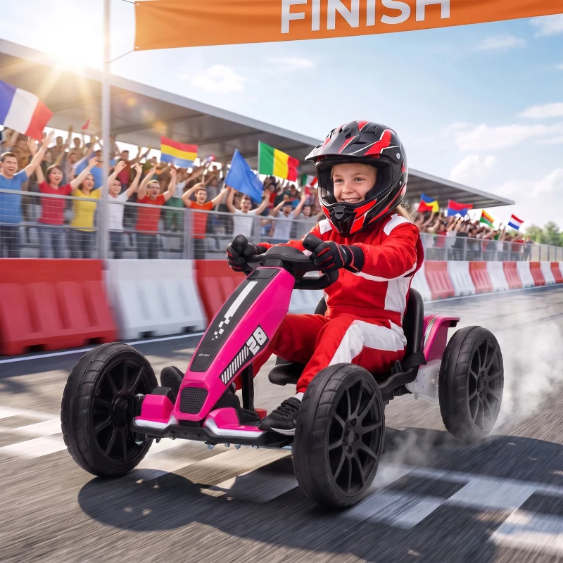 Qaba 12V Electric Go Kart for Kids with Dual Motors, Adjustable Seat, Soft Start, LED Lights, EVA Wheels, for Age 3-6, Pink
