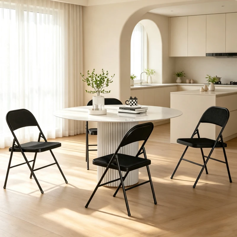 HOMCOM Set of 4 Metal Foldable Chairs, Faux Linen Padded Folding Chairs with Cushion Seat and Open Back for Indoor, Black