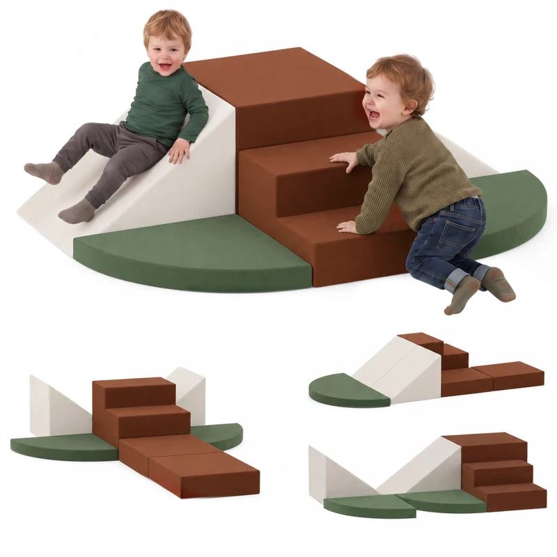 Qaba Foam Climbing Blocks, 8PCS Climbing Toys, Velvet Fabric, Foam, Non-Slip, Kids Soft Play Set for Crawling, Ages 1+, Brown