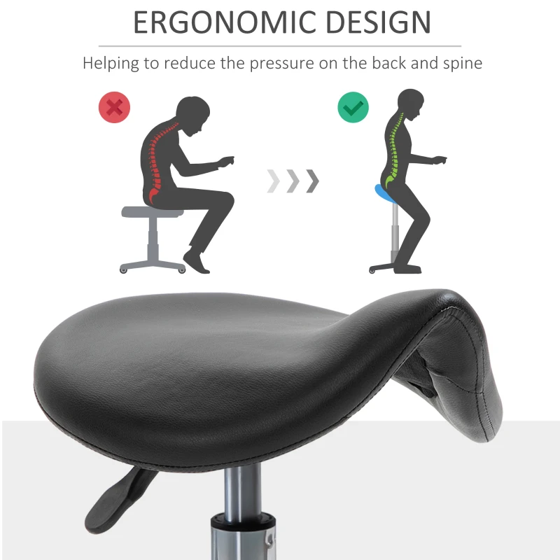HOMCOM PU Leather Adjustable Stool, Rolling Saddle Stool with Wheels for Massage, Spa, Clinic, Beauty and Tattoo, Black