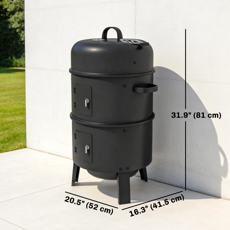 Outsunny 3-in-1 Vertical Charcoal Smoker with 2 Grill Grates, Built-in Thermometer, Adjustable Vent, 2 Doors