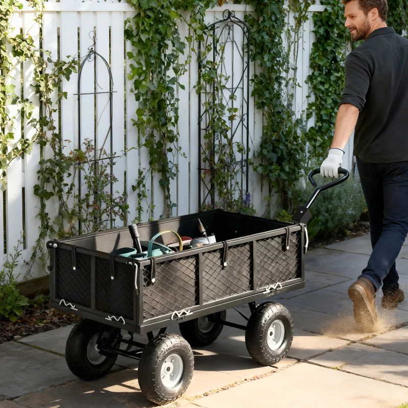 Outsunny Steel Garden Cart, Utility Wagon Cart with Removable Liner, Quick-Release Sides, 10" Wheels, 660lbs Capacity
