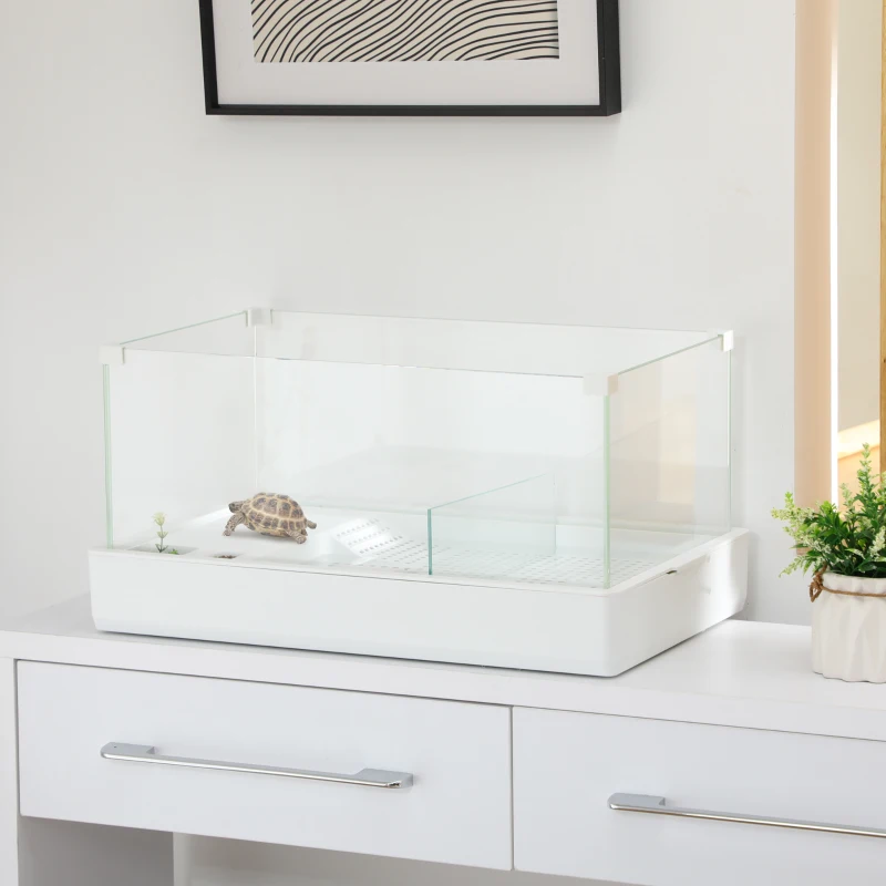 PawHut Glass Turtle Tank, Turtle Aquarium with Basking Platform and Filter Layer Design, Full View Visually Reptile Habitat, Easy to Clean and Change Water, Multi Functional Area