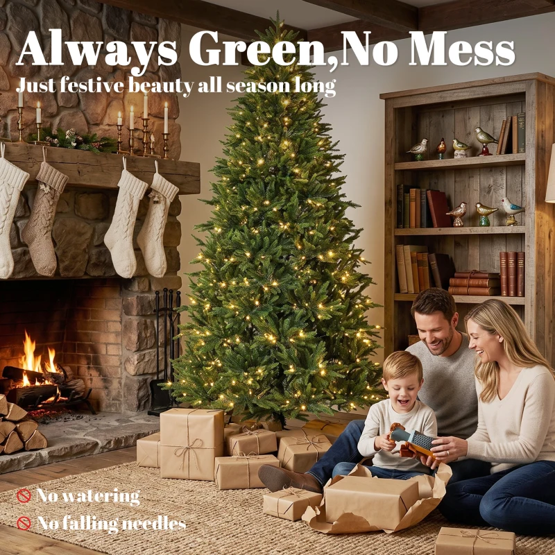 HOMCOM 6ft Prelit Christmas Tree with Dual-Color LEDs, All Realistic Tips, Hinged Xmas Nordmann Fir with 11 Modes, Remote
