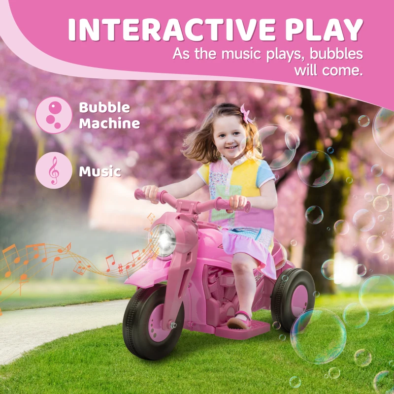 Qaba Ride On Motorcycle, 6V Ride on Bubble Car, 3 Wheeled Electric Motorcycle for Kids w/ LED Headlight, Music, Pink