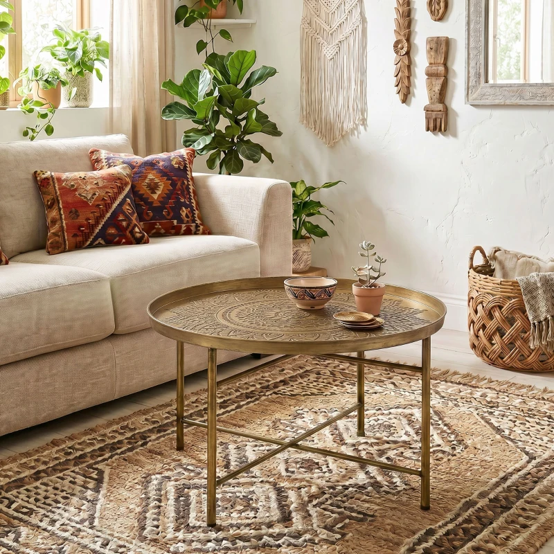 HOMCOM Coffee Table for Living Room, 24" Round Center Table with Hammered Tray Top and Metal Frame for Bedroom, Gold
