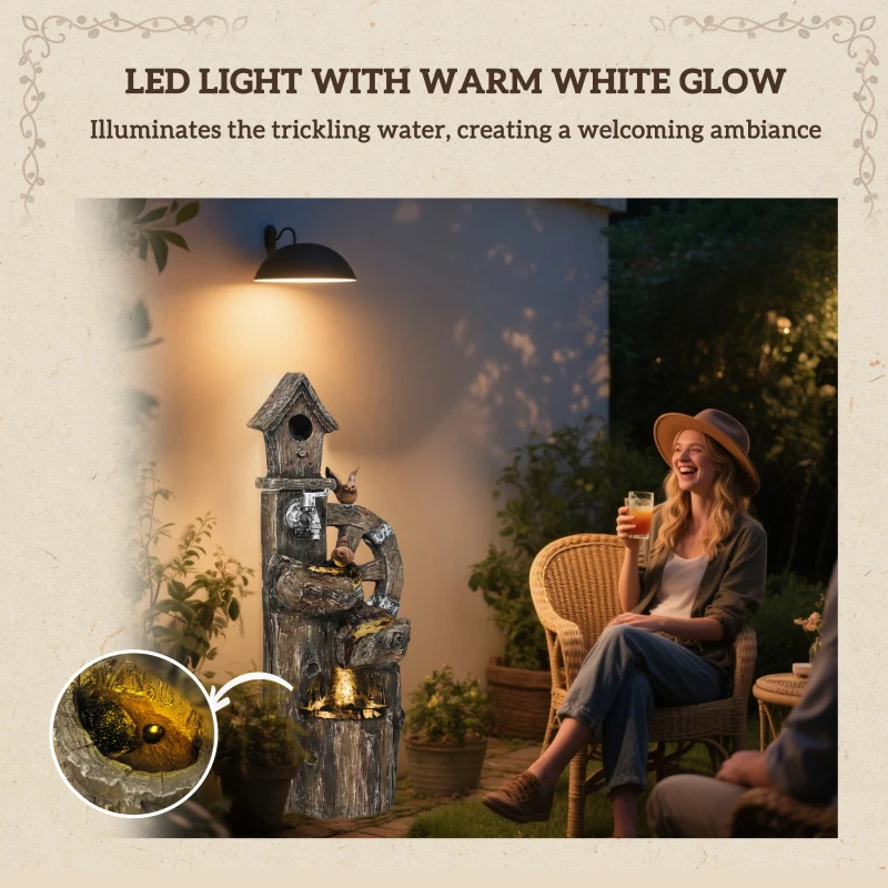 Outsunny Outdoor Water Fountain, Decorative Garden Birdhouse, 3-Tier Cascading Waterfall with LED Lights and Water Wheel
