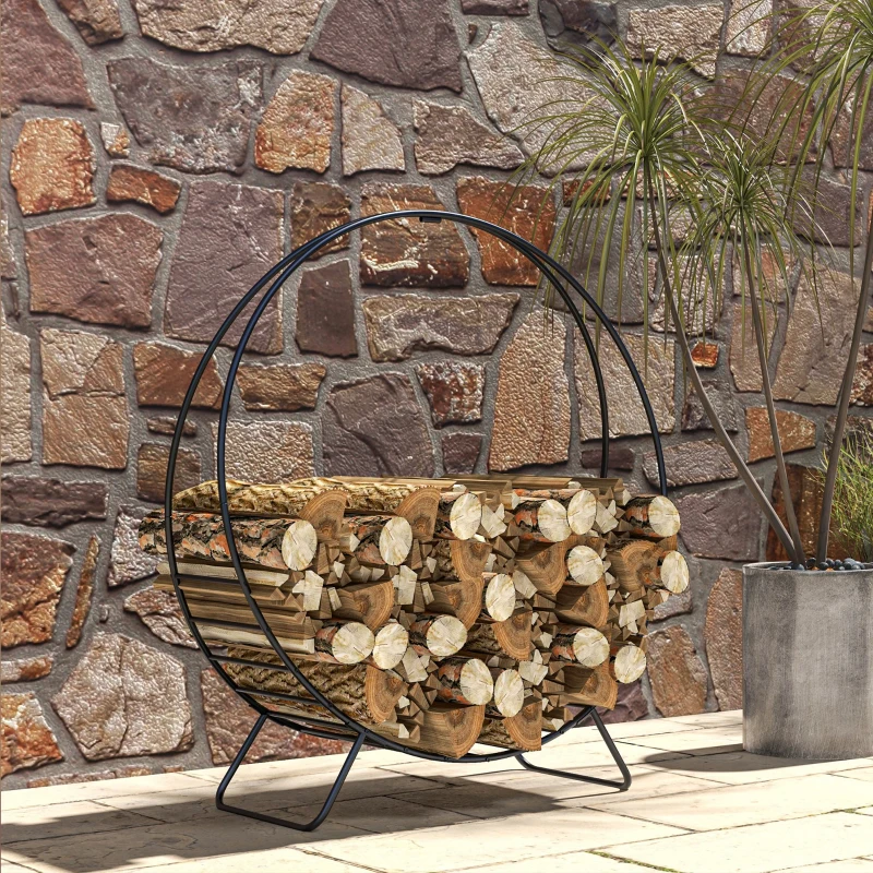 Outsunny 40" Firewood Rack with Waterproof Cover, Heavy Duty Wood Storage Holder Log Rack for Indoor Outdoor, Black