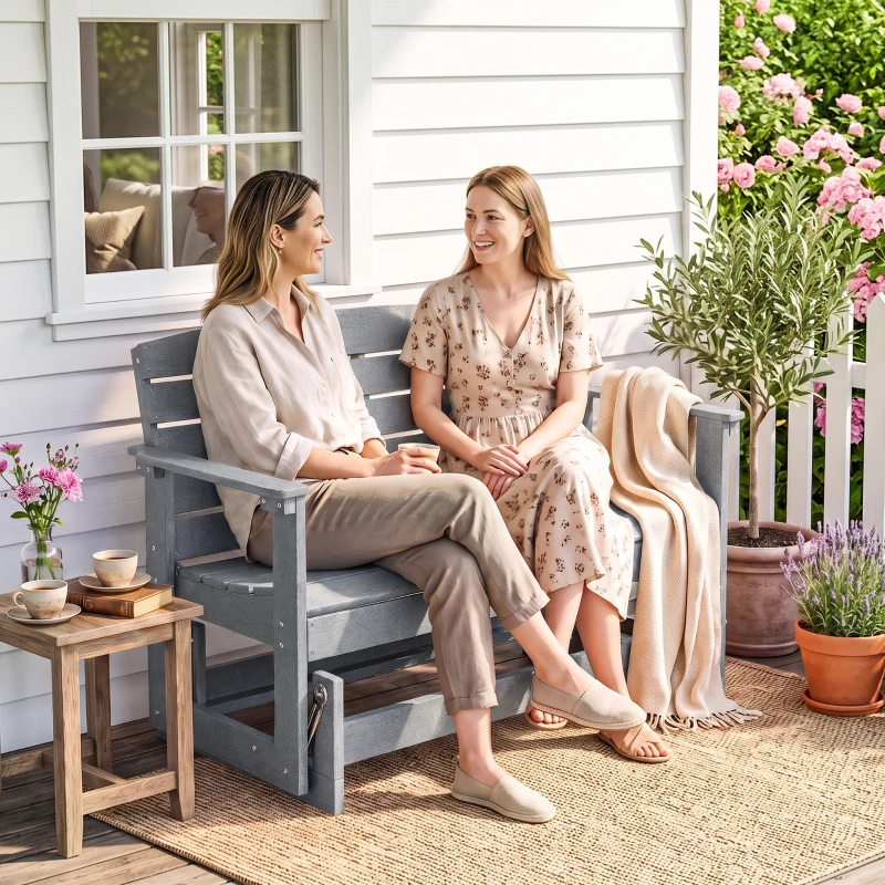 Outsunny Patio Glider Bench w/ HDPE Slatted Double Rocking Chair, Light Gray