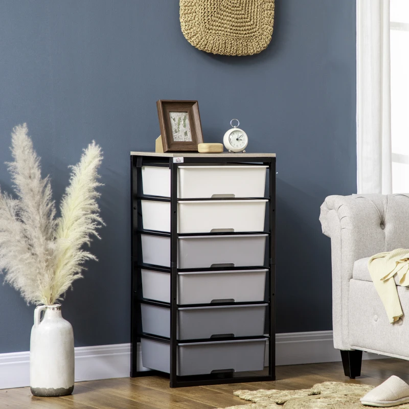 HOMCOM Dresser Storage Drawers with 6 Plastic Bins and Steel Frame, Crafting Bins for Living Room, Bedroom, Gray
