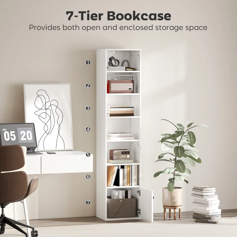 HOMCOM 7-Tier Bookcase, Display Shelf Unit with Adjustable Shelf and Cabinet, White