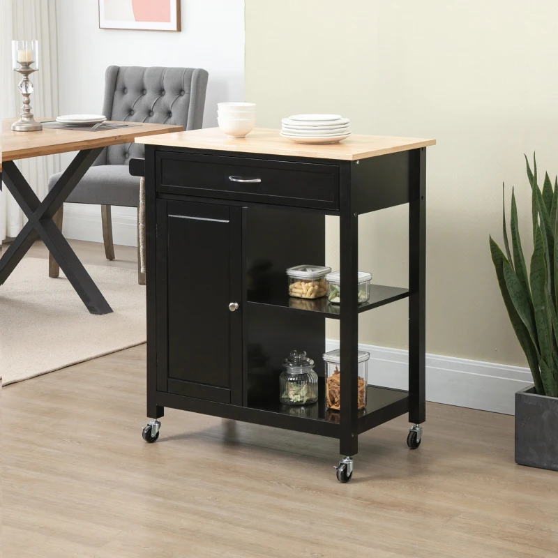 HOMCOM Kitchen Island Cart, Rolling Kitchen Island with Storage Shelf, Solid Wood Top, Drawer, for Dining Room, Black