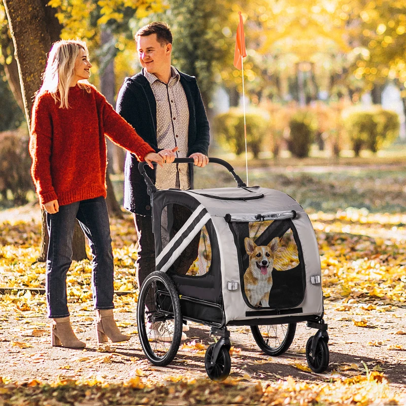 Aosom 2-in-1 Pet Bike Trailer for Small Medium Dogs, Road-Visibility Dog Stroller Bicycle Carrier, Weather-Strong Bike Wagon Trailer Sidecar Attachment, Gray