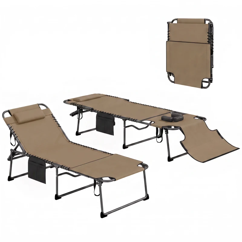 Outsunny 2 Piece Folding Chaise Lounge Pool Chairs with 5-level Reclining Back, Reading Hole, Side Pocket, Beige