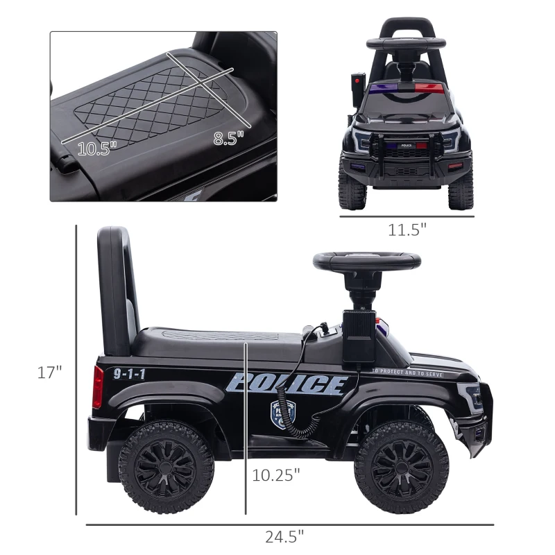 Aosom Kids Push Ride On Car with Working PA System and Horn, Police Truck Style Foot-to-Floor Sliding Car, Black