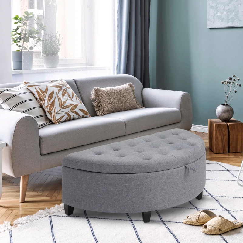 HOMCOM Half Moon Storage Ottoman, Upholstered Button Tufted Storage Bench with Lift Lid and Wood Legs, for Living Room, Entryway, Gray