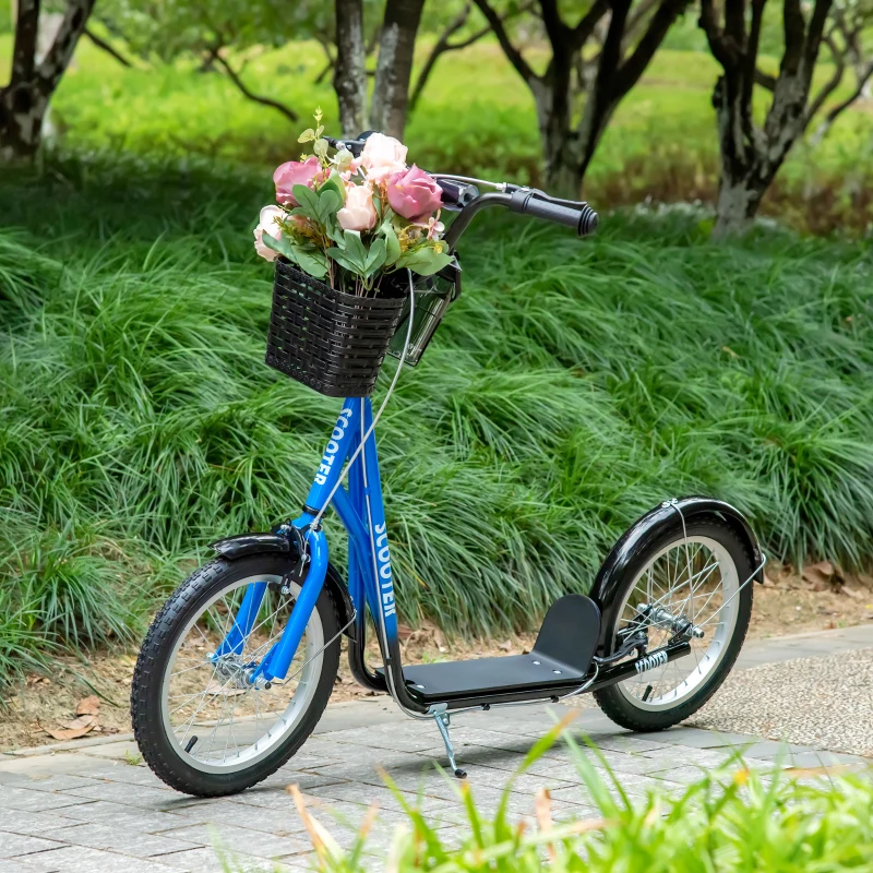 Aosom Youth Scooter, Kick Scooter with Adjustable Handlebars, Double Brakes, 16" Inflatable Rubber Tires, Basket, Blue