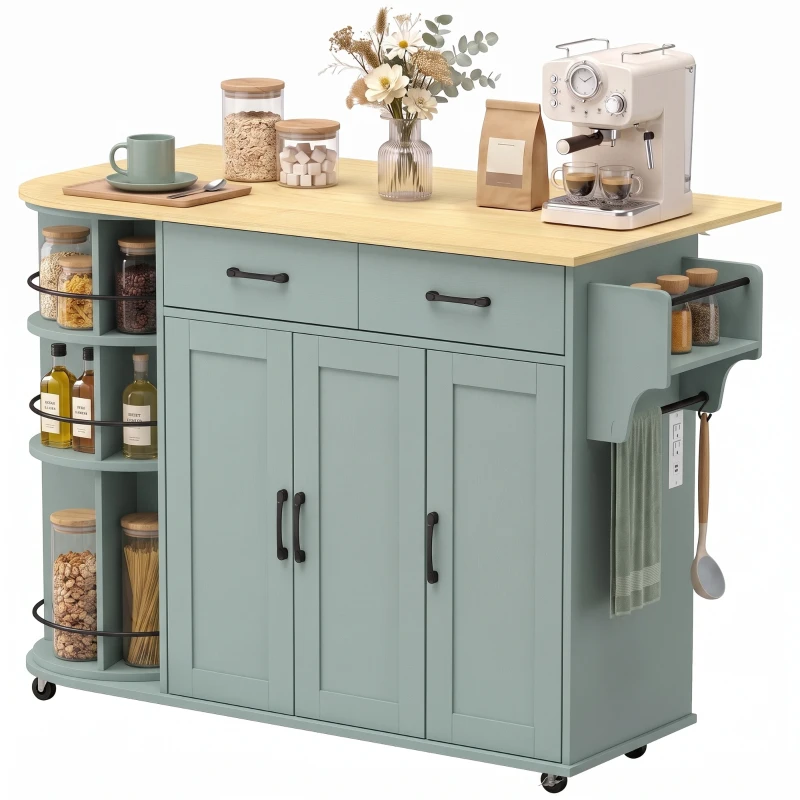 HOMCOM 53" Kitchen Island with Power Outlet and Drop Leaf, Kitchen Cart on Wheels with 360° Rotating Rack, Sage Green