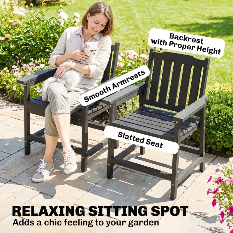 Outsunny 2 Piece All-Weather Patio Chairs, HDPE Patio Dining Chair Set, Heavy Duty Wood-Like Outdoor Furniture, Gray