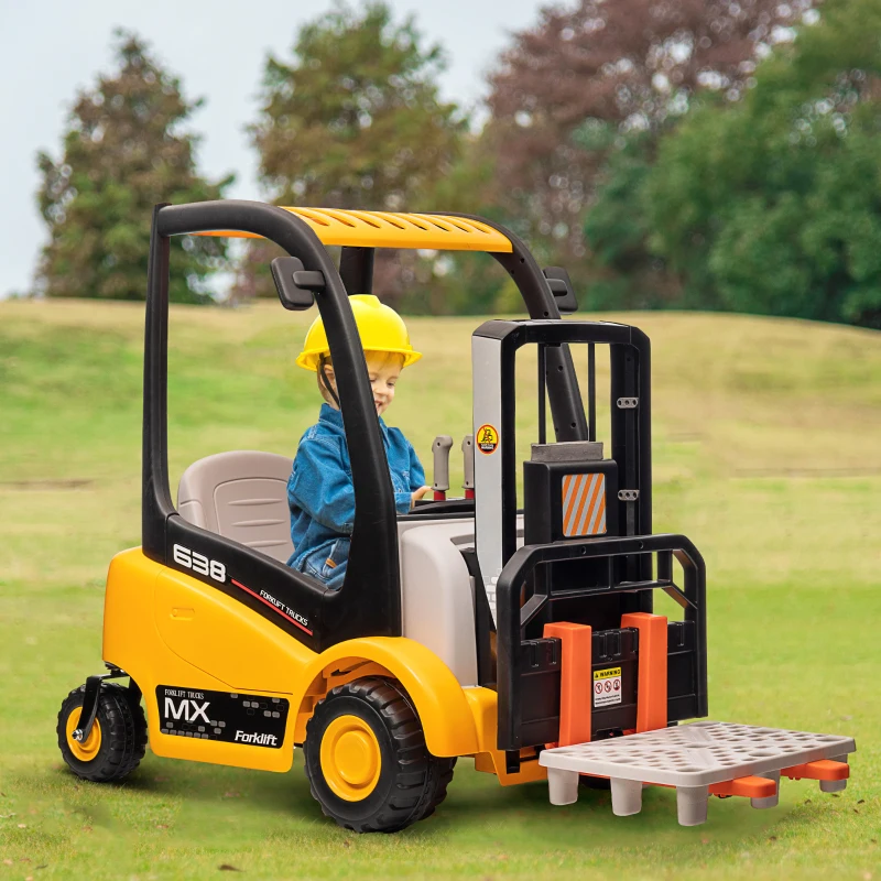 Qaba 12V Kids Ride on Forklift Car with Tent, 360° Rotation Electric Ride On Excavator w/ Liftable Fork and Pallet, Music