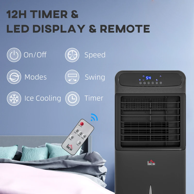 HOMCOM 3-In-1 Ice Cooling Fan, Mobile Evaporative Air Cooler with Remote, Timer, Oscillating for Home Office, Bedroom, Black