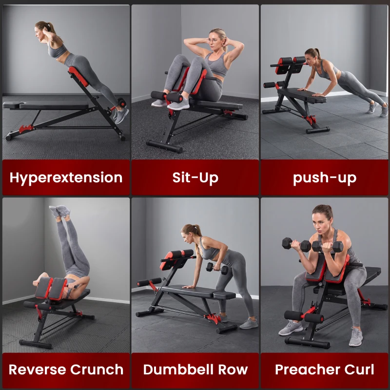 Soozier Adjustable Hyper Extension Dumbbell Weight Bench, Foam Leg Holders, Exercise Abs, Arms, Core, Strength Workout Station for Home Gym, Red